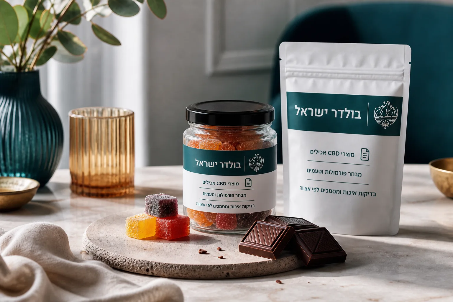 מוצרי CBD אכילים ממותגים בולדר ישראל לצד סוכריות גומי ושוקולד