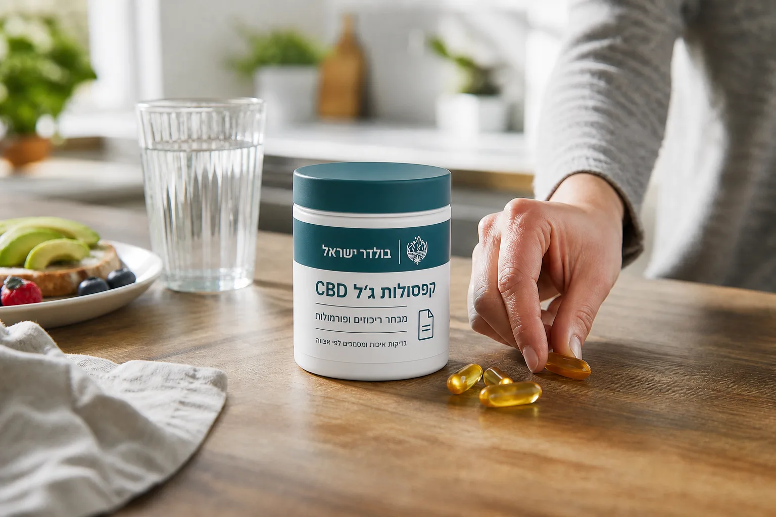 קופסת קפסולות ג׳ל CBD ממותגת בולדר ישראל על שולחן