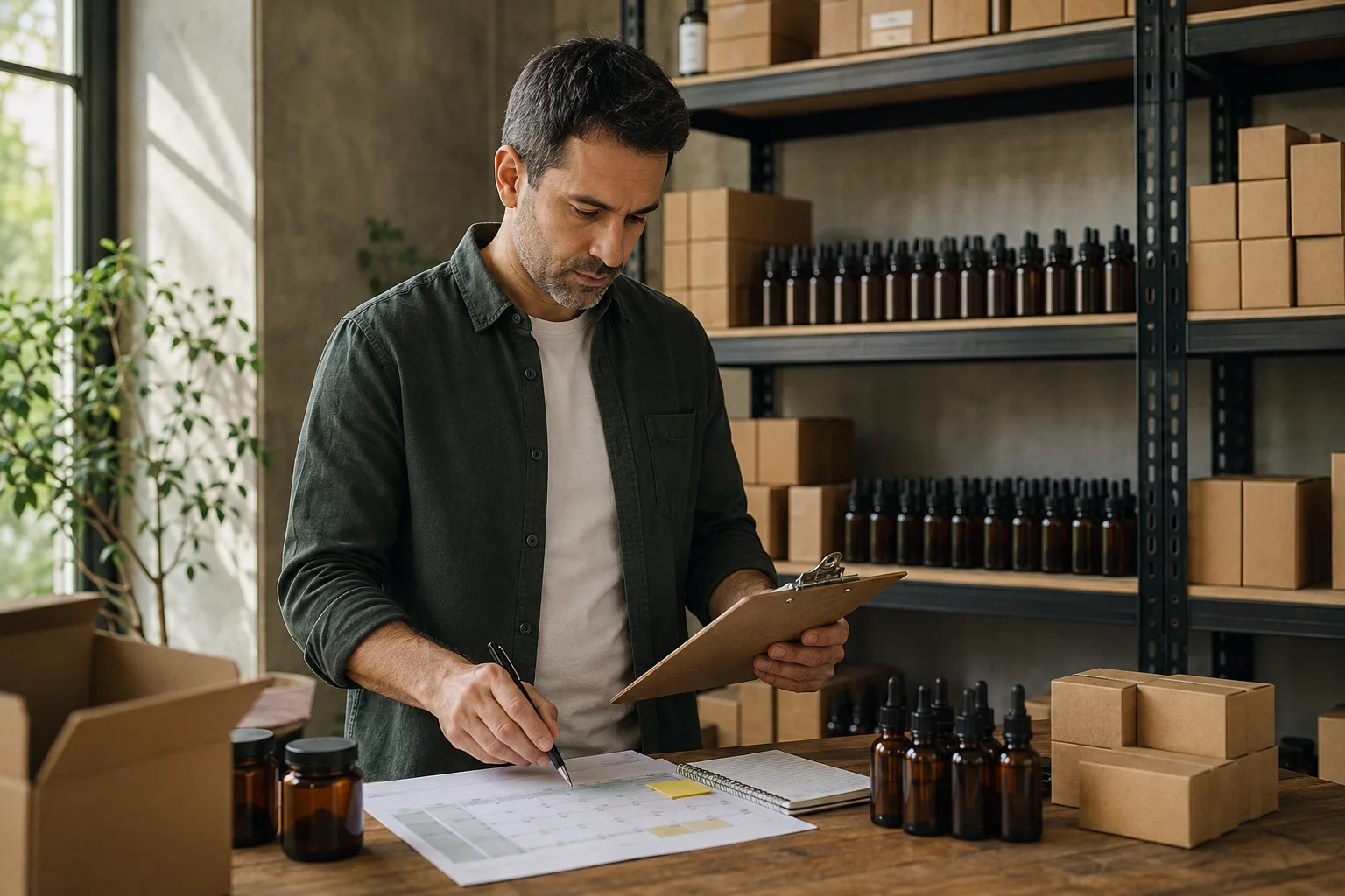 מנהל תפעול בודק מלאי בקבוקי CBD ומתכנן הזמנה חוזרת