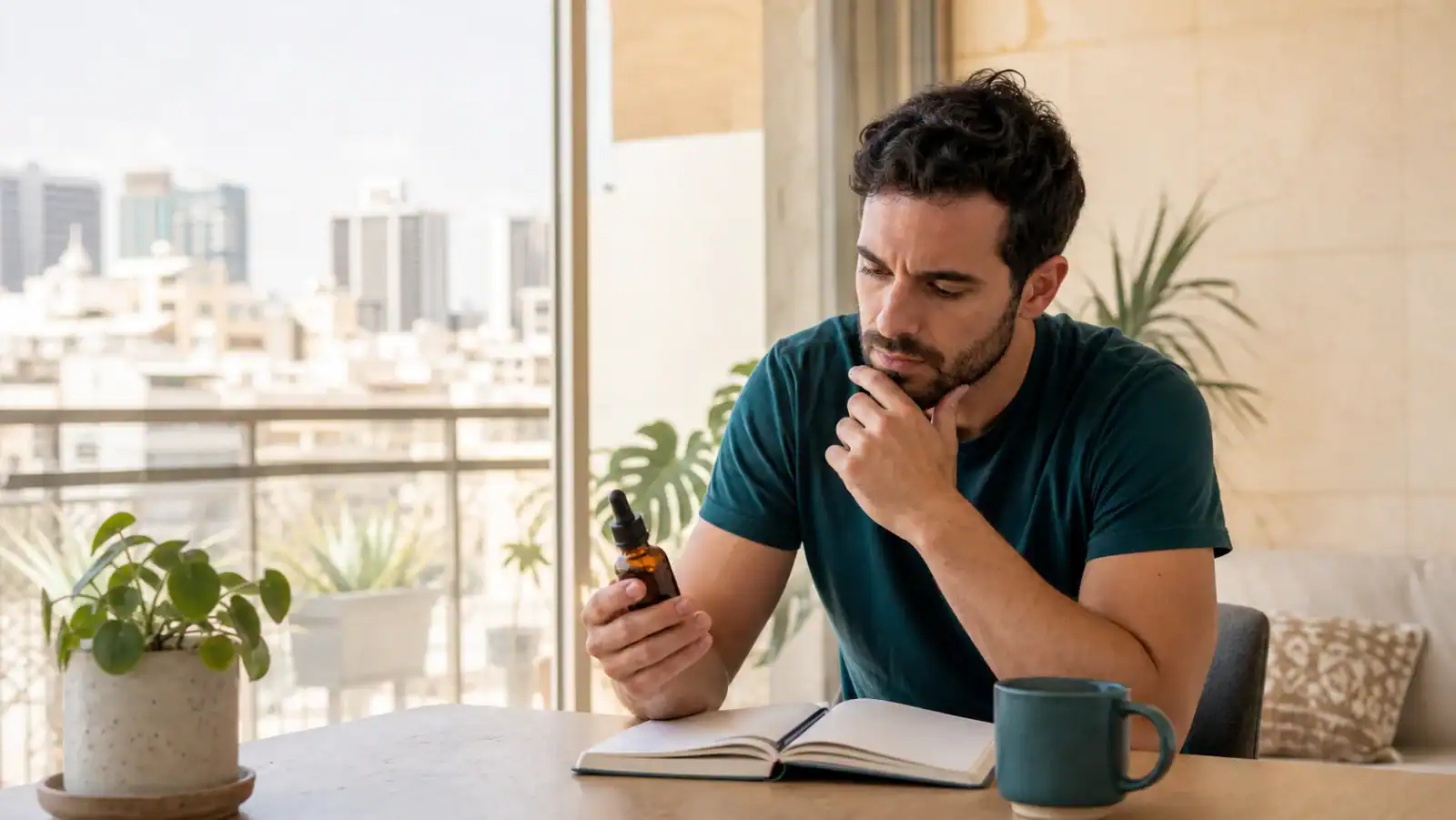 אדם ישראלי בוחן בקבוק שמן CBD לפני החלטה על שימוש לחרדה