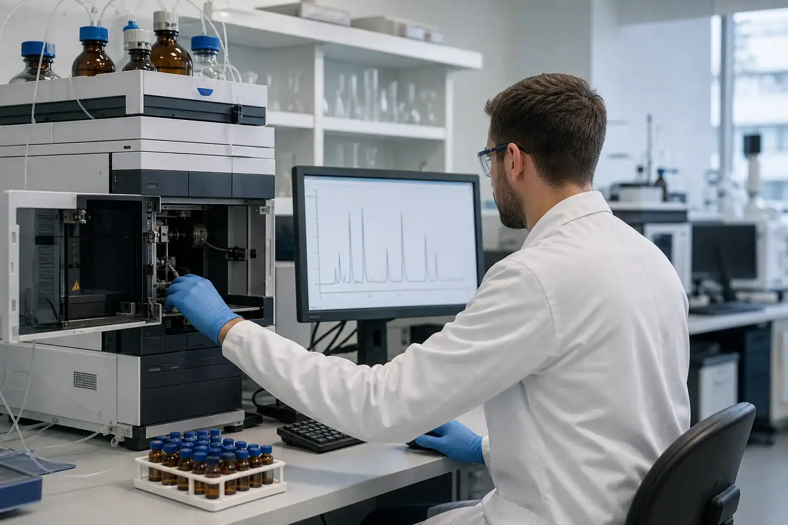 אנליסט מבצע בדיקת HPLC ומוודא תעודת אנליזה למוצר CBD