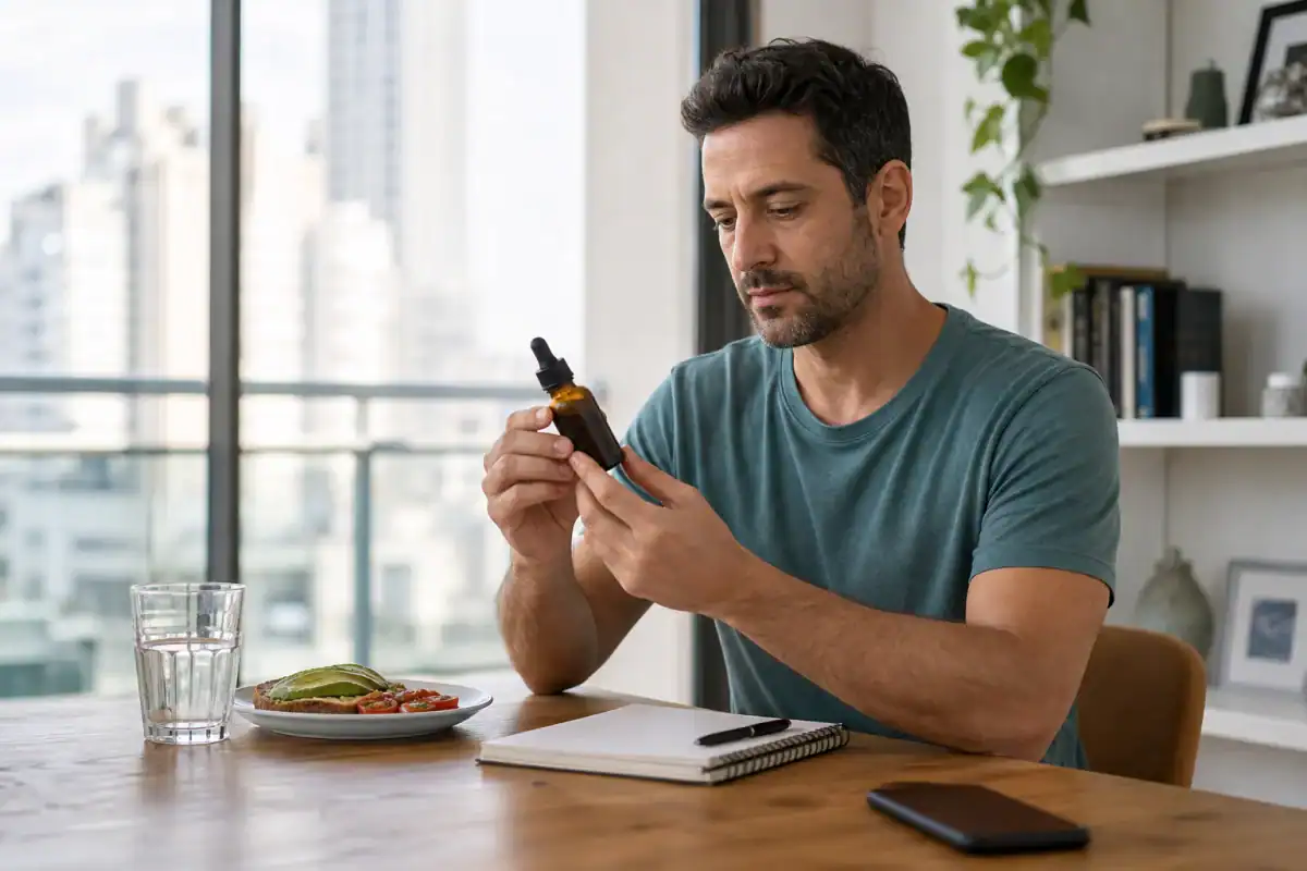גבר ישראלי בודק בקבוק שמן CBD לפני שילובו בשגרת הבוקר