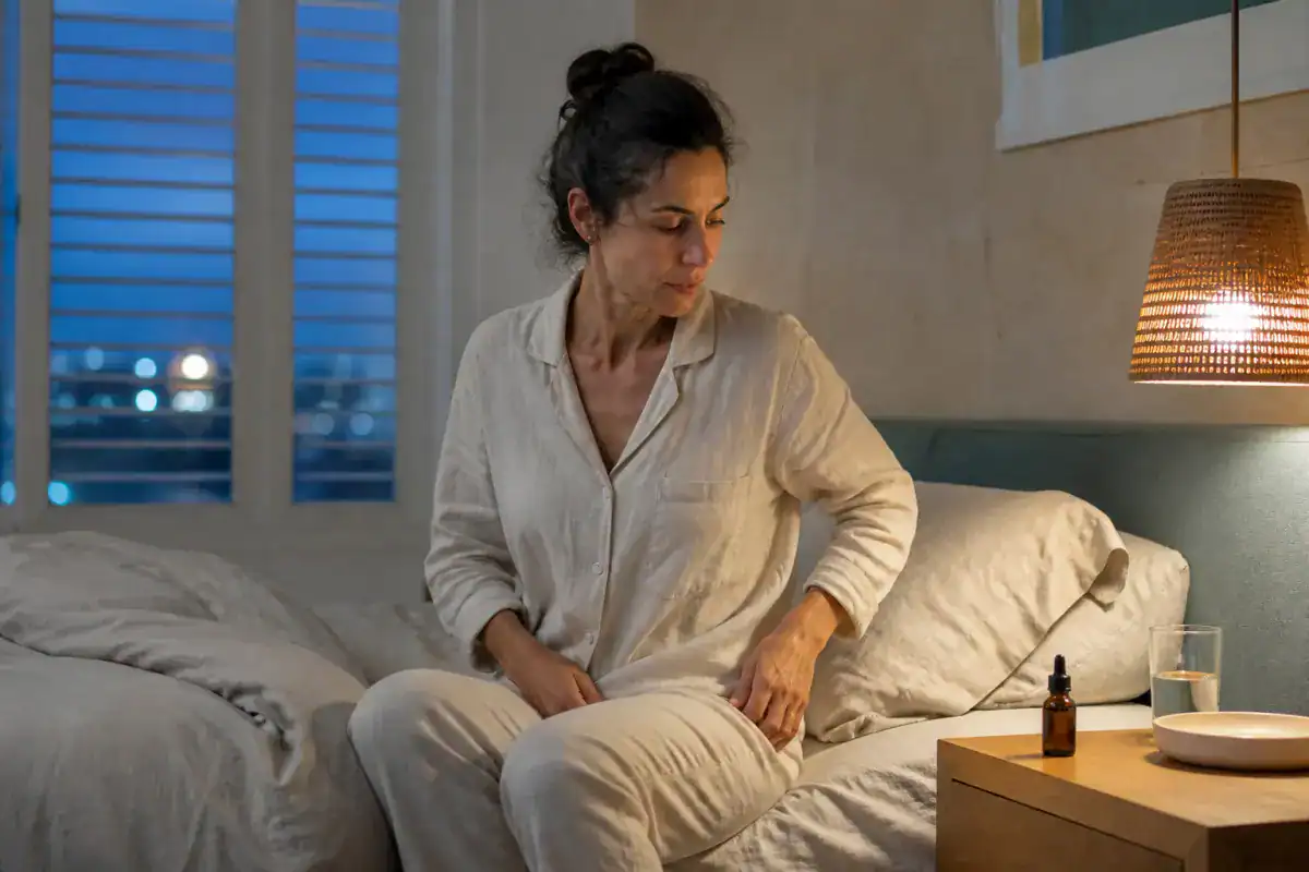 אישה ישראלית מתכוננת לשינה בחדר שינה לצד בקבוק CBN לא ממותג