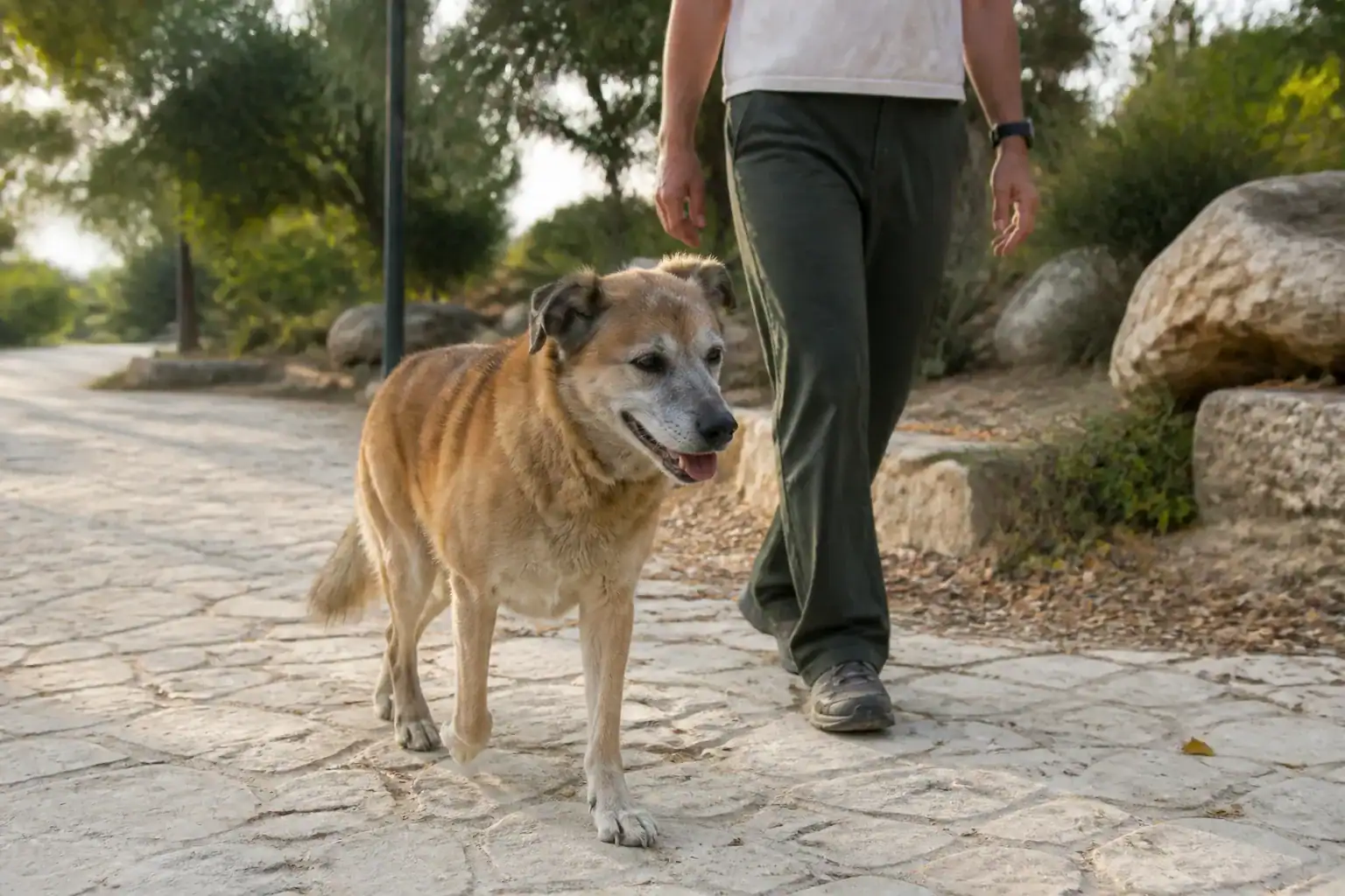 כלב מבוגר הולך עם בעליו בשביל בפארק כחלק ממעקב אחר ניידות