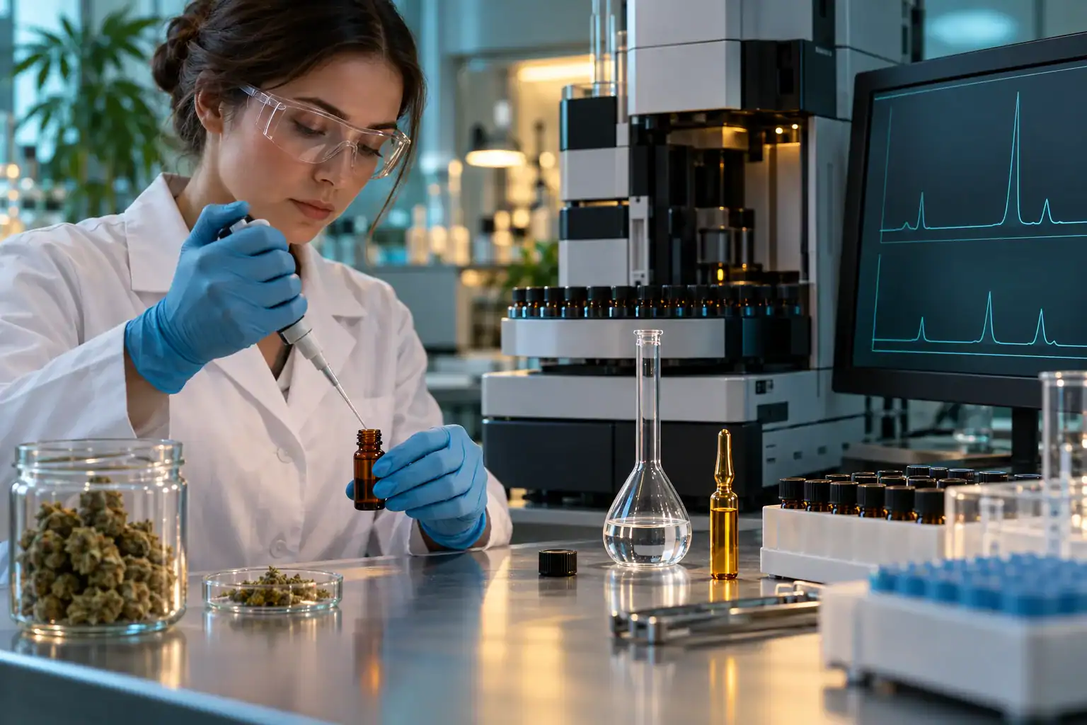 כימאית מכינה דגימת CBC ומפעילה HPLC לצד אמפולת חומר ייחוס וכרומטוגרמות