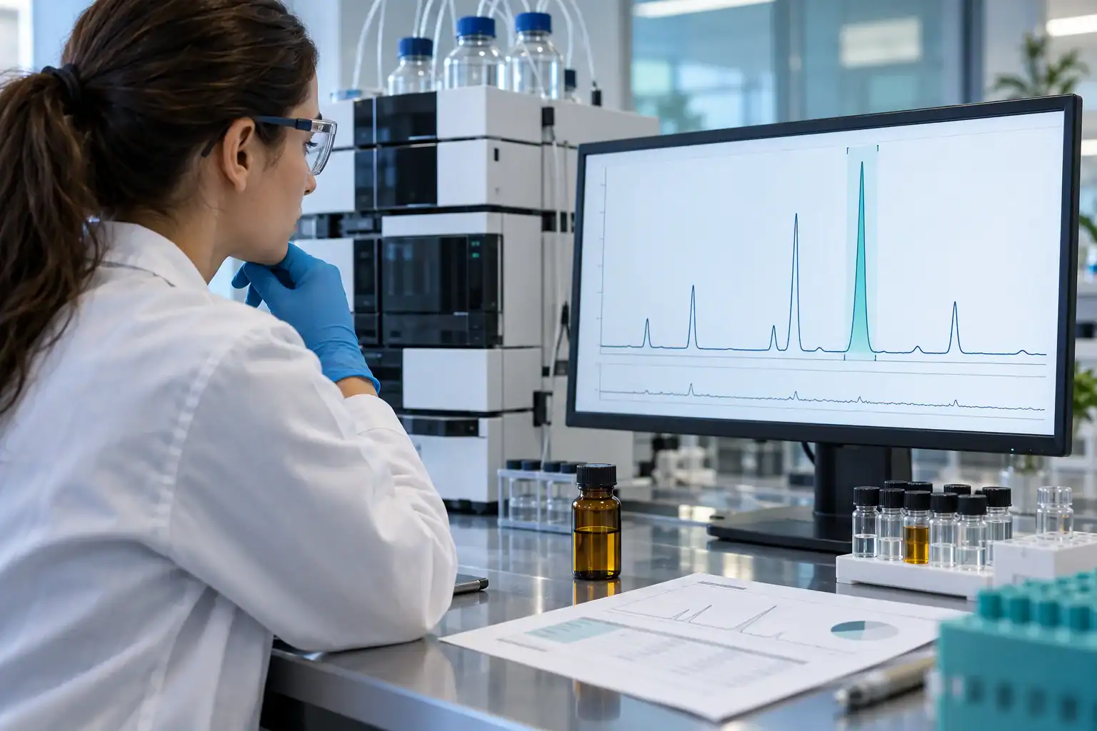 כימאית אנליטית בוחנת כרומטוגרמת HPLC של דגימת CBD לצד מכשיר ומבחנות סטנדרט