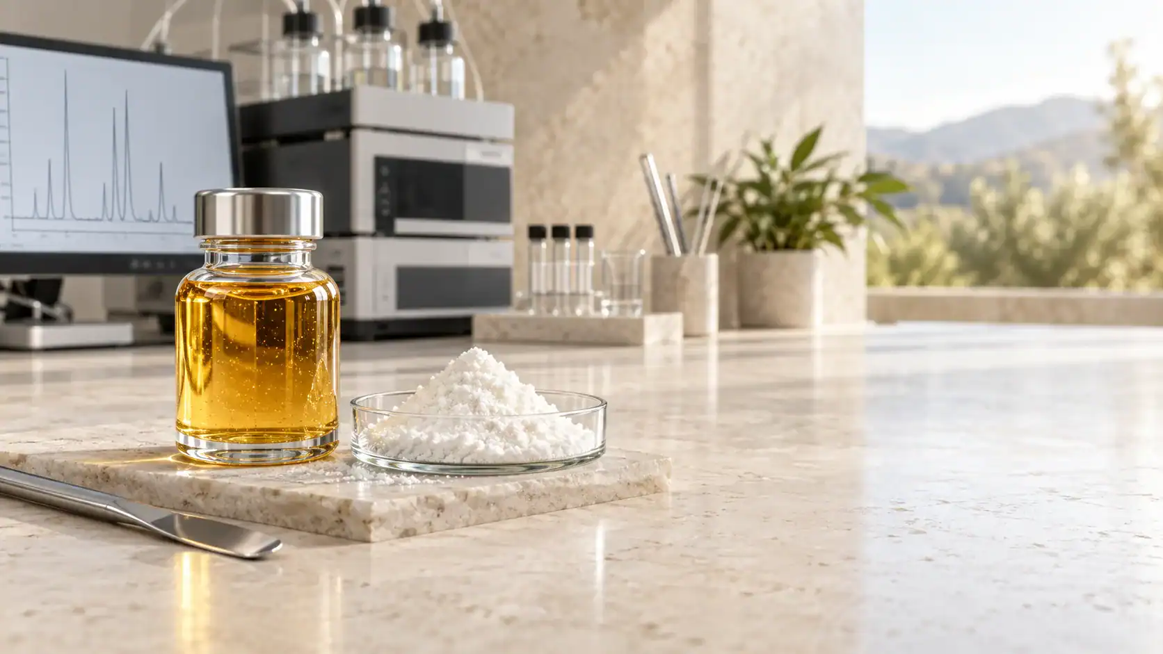 השוואה בין CBD Distillate זהוב וצמיג לבין CBD Isolate לבן וגבישי