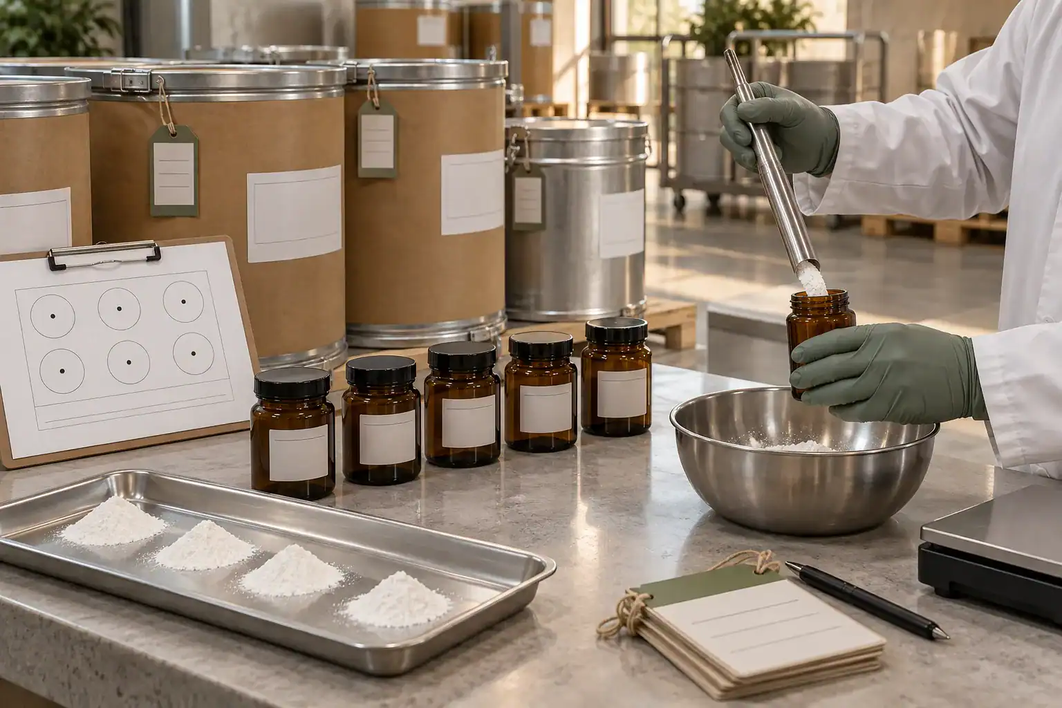 דגימה מייצגת של CBD isolate ממכלים שונים במשלוח חומר גלם