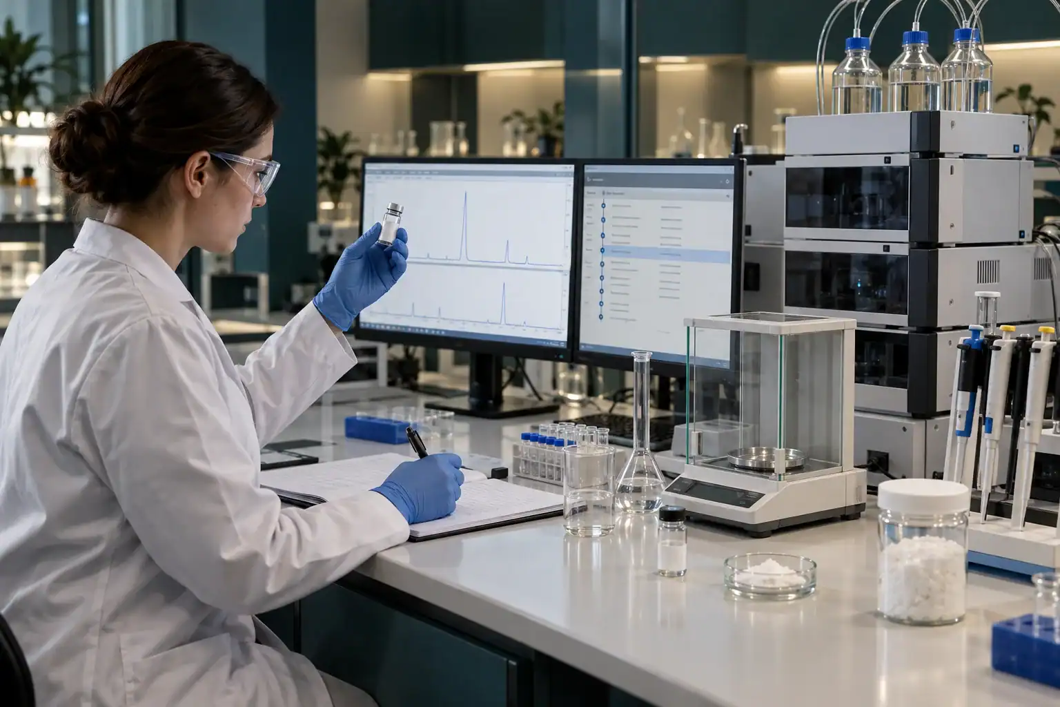 אנליסטית בוחנת כרומטוגרמות HPLC, סטנדרטים, משקל ופיפטות במסגרת חקירת OOS