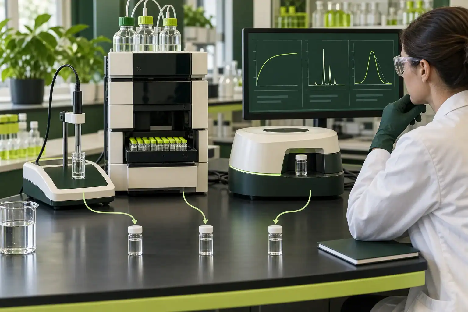 בדיקת אותה מערכת CBD באמצעות מד pH, HPLC ומכשיר גודל חלקיקים