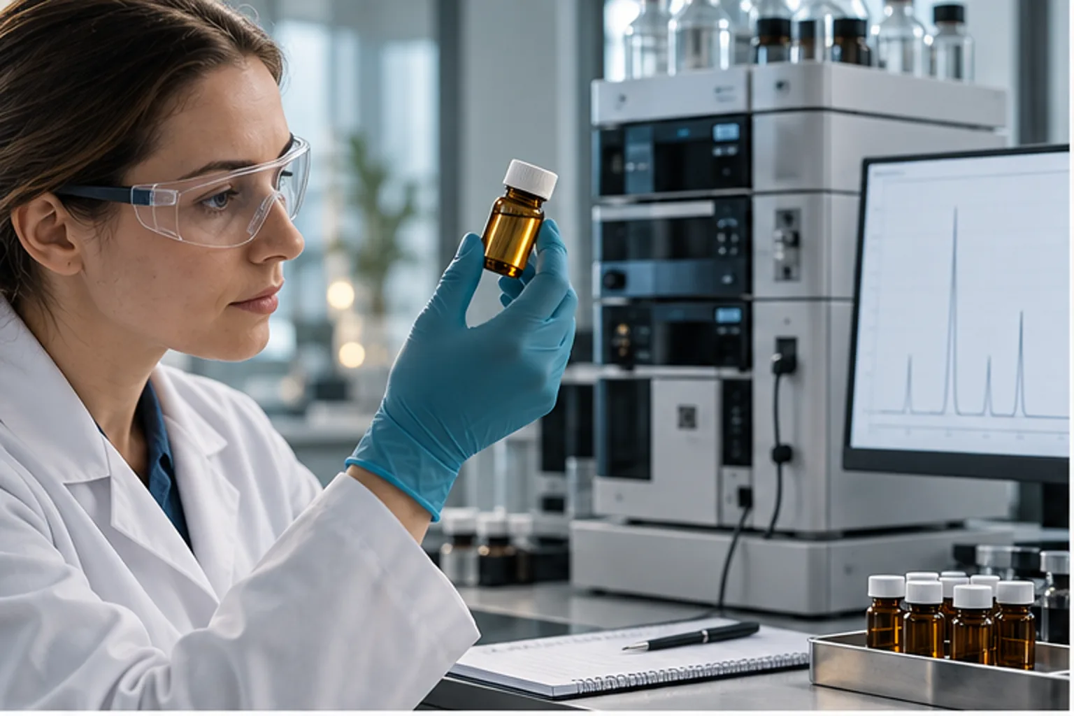 מדענית אנליטית בוחנת דגימת CBN אטומה לצד מערכת HPLC ומפרט איכות