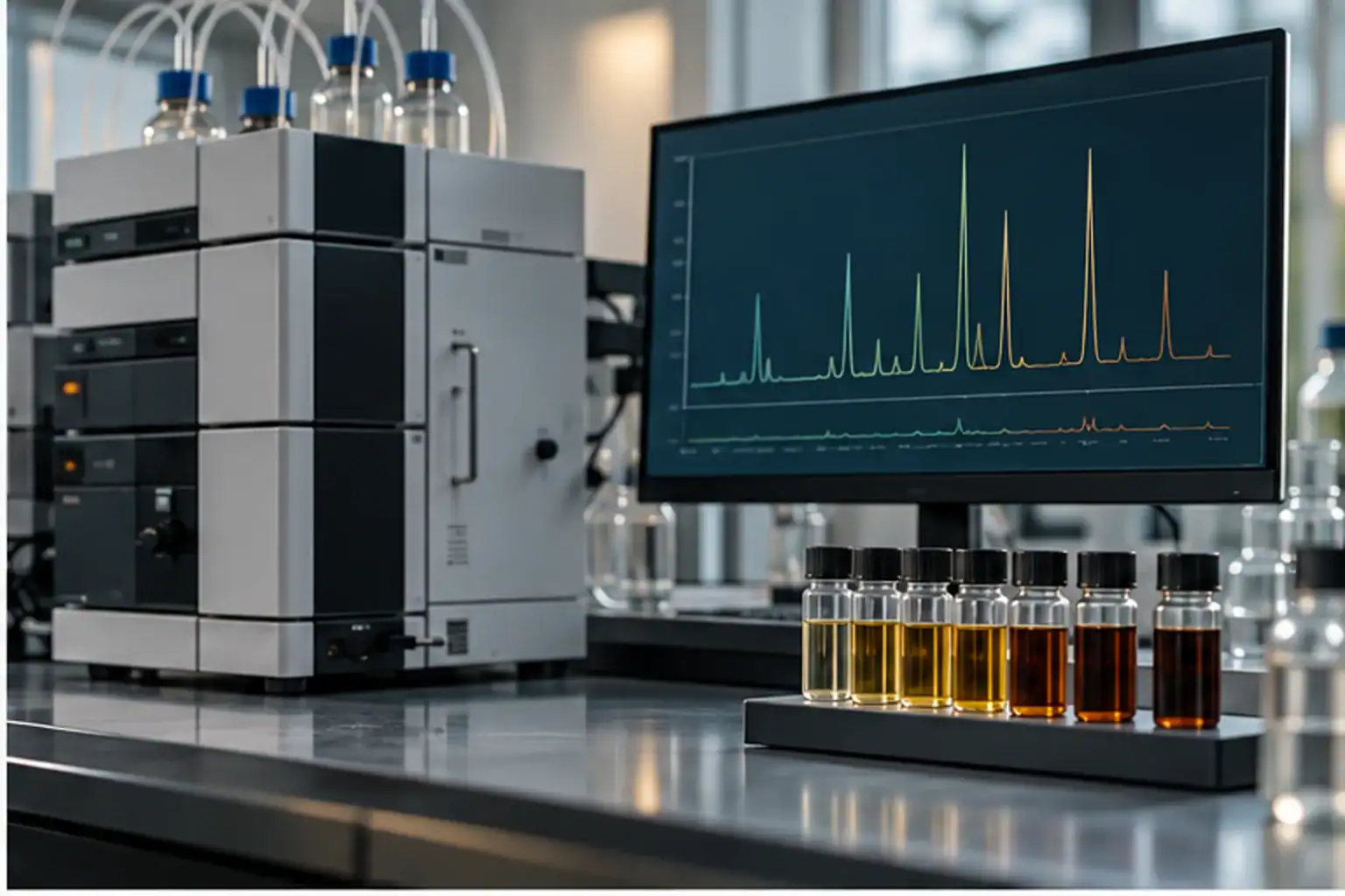 מערכת HPLC ומבחנות תמצית בגווני ענבר לצד פרופילים כרומטוגרפיים