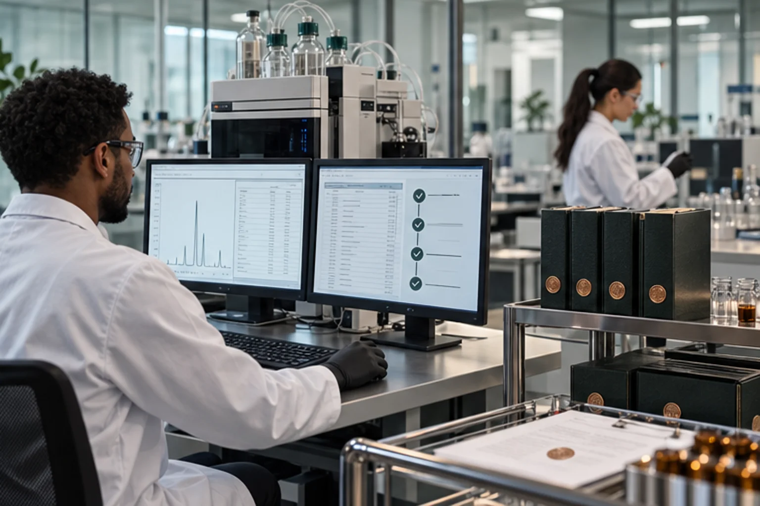 מעבדה אנליטית עם HPLC סקירת ביקורת יומן ביקורת ואישור מבוקר של תוצאות