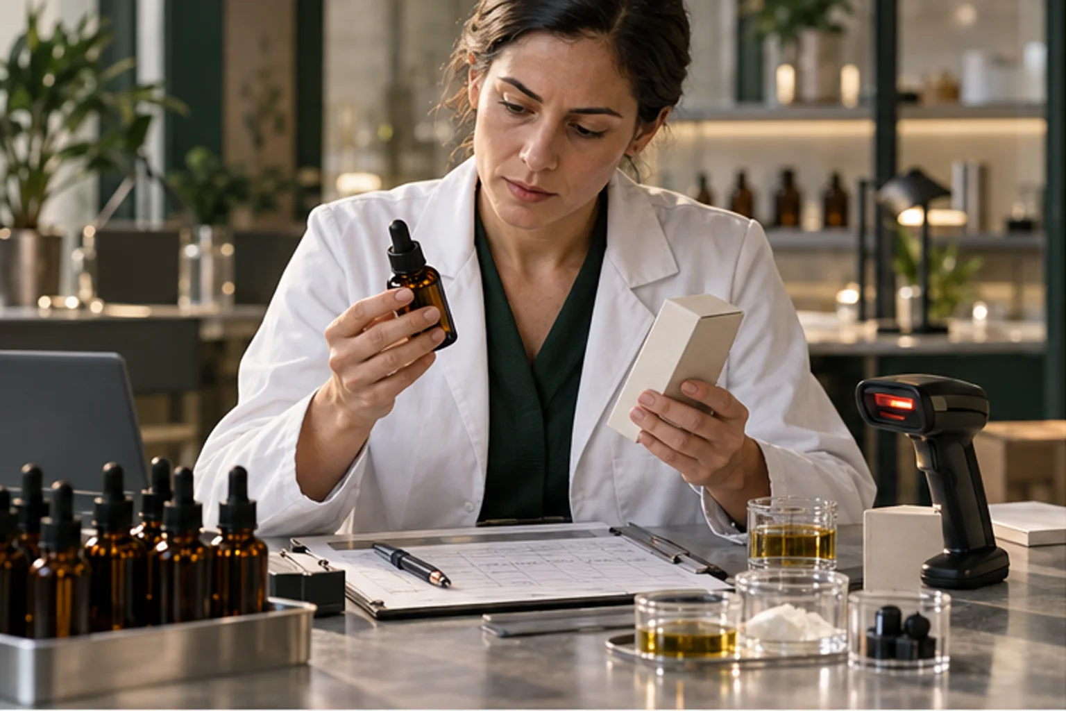 מנהלת איכות בוחנת מוצר CBD שהוחזר לצד סורק אצווה ורשומות ייצור