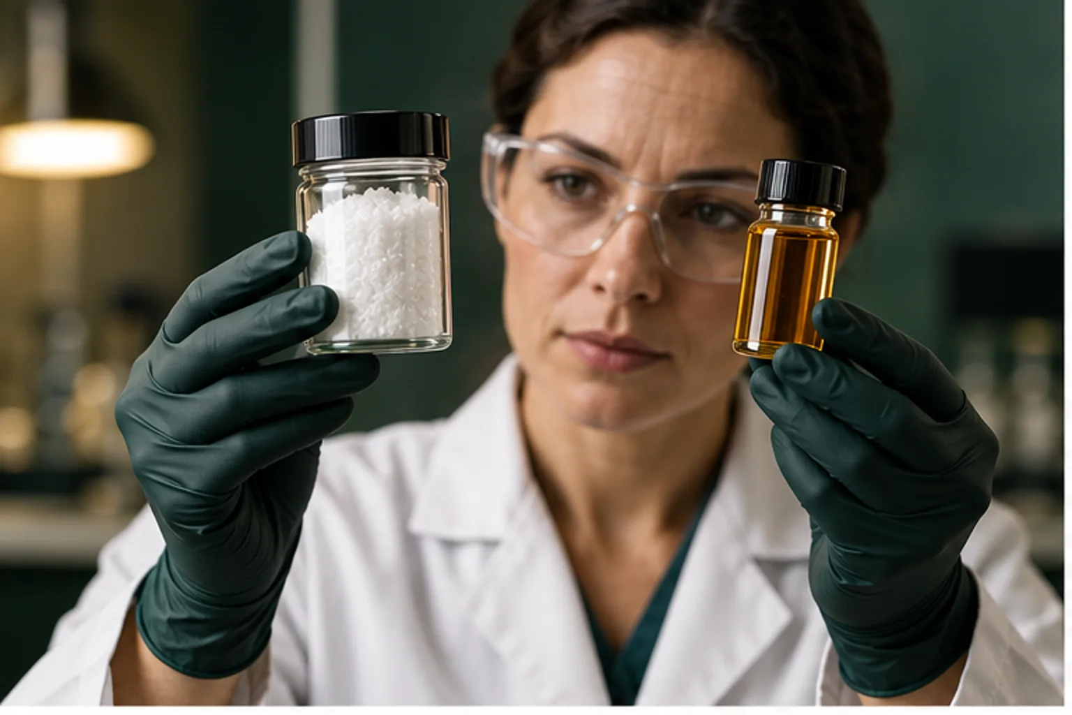 מדענית משווה אבקת CBD isolate לבקבוקון distillate ענברי