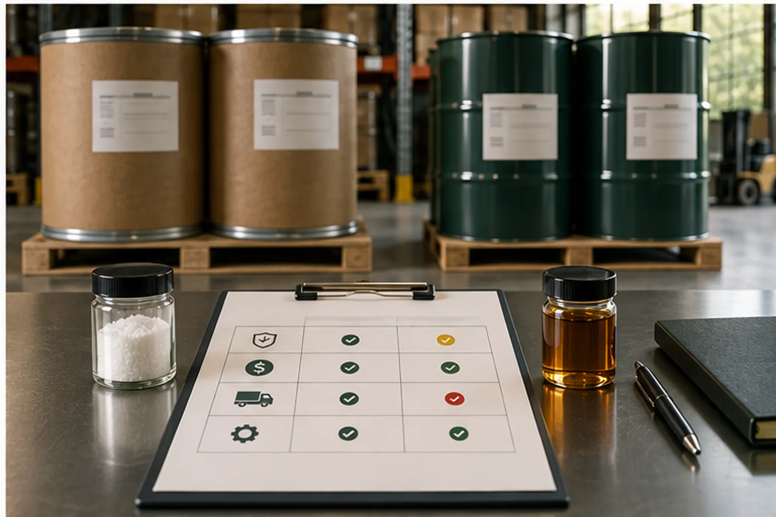 מטריצת החלטת רכש לצד דוגמאות isolate ו־distillate ומכלי אספקה