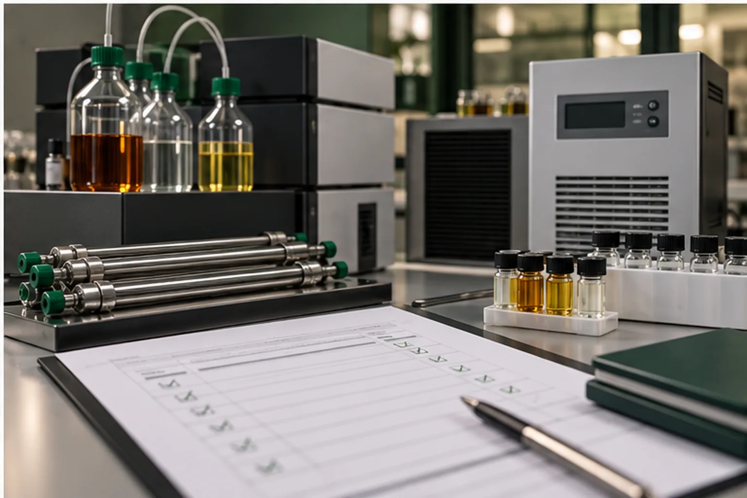 עמדת HPLC עם עמודות ממסים בקרת טמפרטורה ופרוטוקול אימות