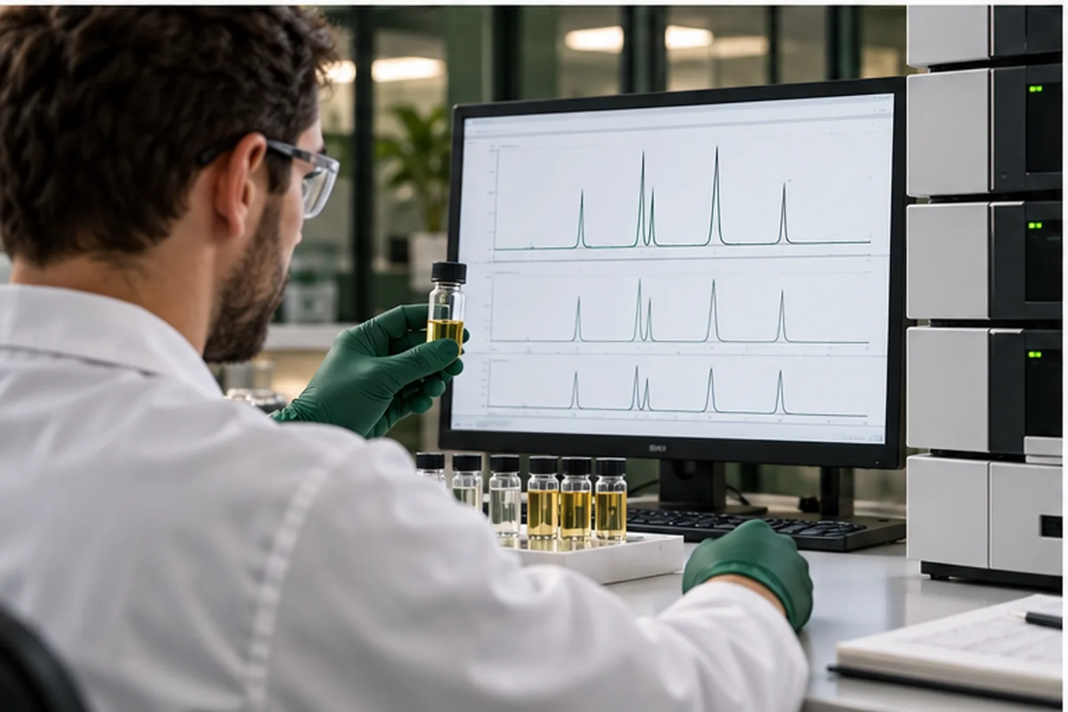 אנליטיקאי משווה דגימות ופסגות HPLC מופרדות של קנבינואידים