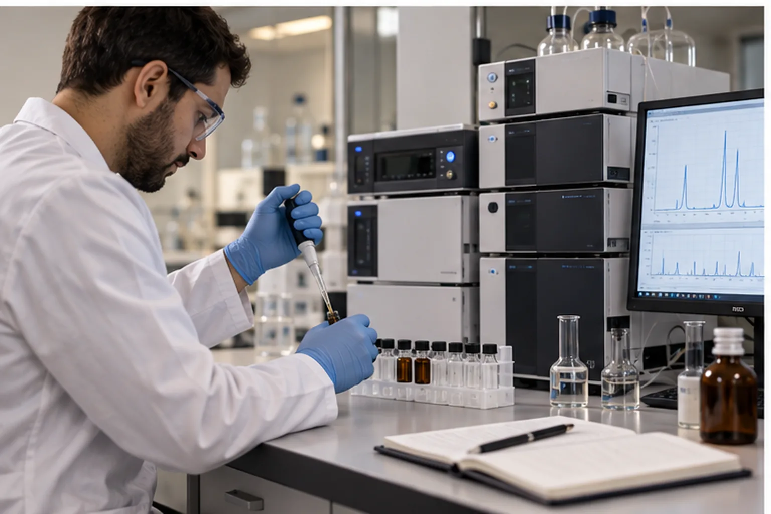 אנליטיקאי מבצע בדיקת HPLC לדגימות יציבות עם תקנים וכרומטוגרמות